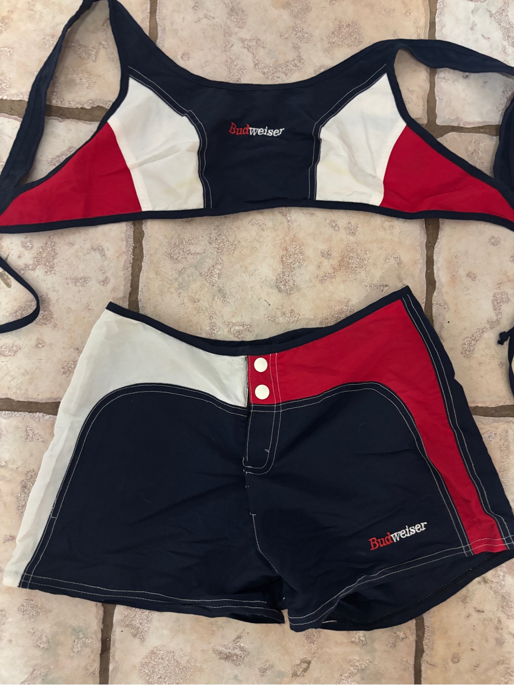 Vintage Official Budweiser Navy, Red & White Set Board Shorts & Crop Top Small